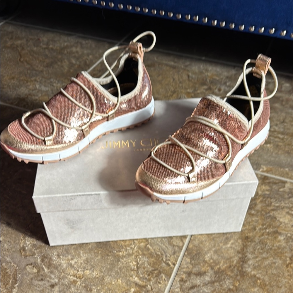 Jimmy Choo Andrea Gold Slip On Sneakers Luxurious Design NIB - Picture 7 of 7